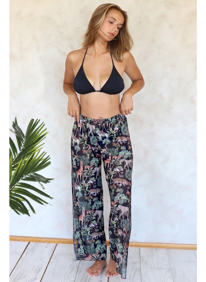 Hamur Dough Beach Pantalon Pareo Summer Closed Slit Elastic Chiffon Tulle Fabric High Waist Woods Black - Image 2